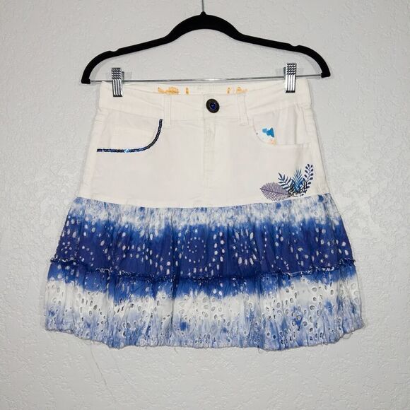 NWT Desigual‎ White & Blue Tie Dye Denim Lace Mini Skirt Size 4 - Picture 1 of 11